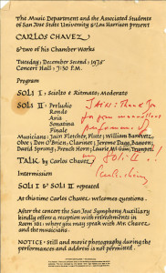 The Carlos Chávez concert program in Lou’s calligraphy; this is my autographed copy with the composer’s kind comments