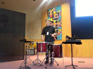 Dustin Donohue sets up for  John Luther Adams' songbirdsongs at the Friday afternoon talk at Ojai Valley Community Church.