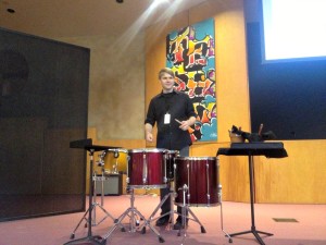 Dustin Donohue sets up for John Luther Adams' songbirdsongs at the Friday afternoon talk at Ojai Valley Community Church.