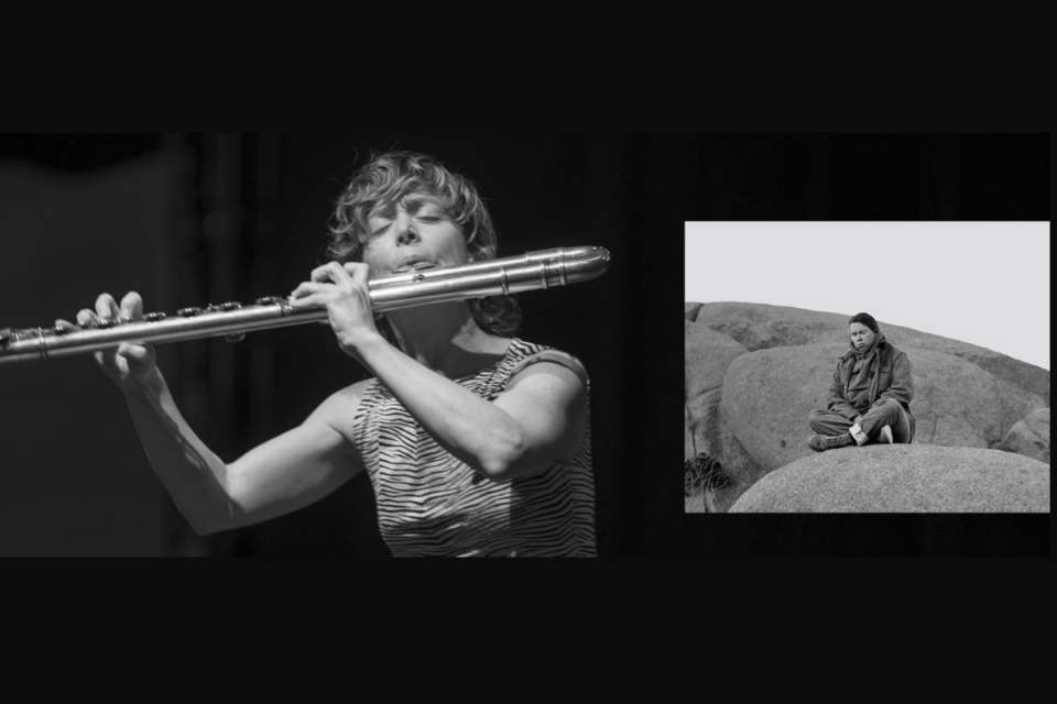Flute player Claire Chase with Pauline Oliveros sitting